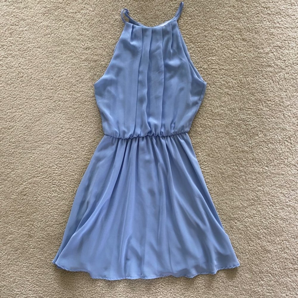 Lush Lt Blue Dress with Pleated Blousy Bodice and Flare Skirt